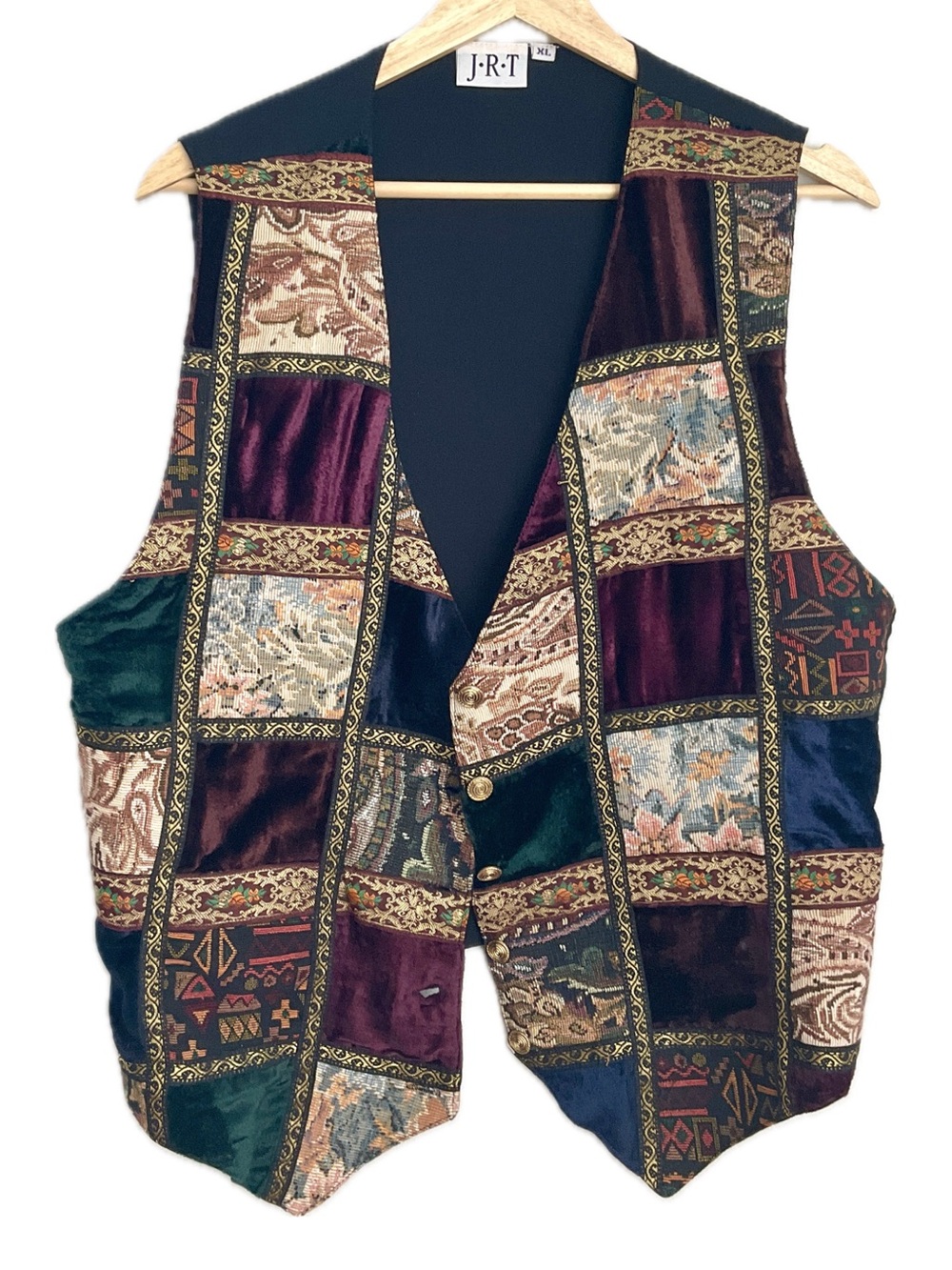 Vintage J.R.T Patchwork Velvet Vest XL in Burgundy & Green 90's - Picture 1 of 10
